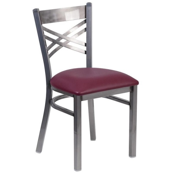 Flash Furniture HERCULES Series Clear Coated ''X'' Back Metal Restaurant Chair - Burgundy Vinyl Seat, XU-6FOB-CLR-BURV-GG