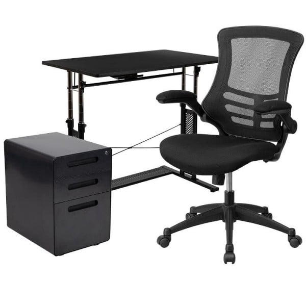 Flash Furniture Stiles Work From Home kit-Adjustable Computer Desk, Ergonomic Mesh Office Chair & Filing Cabinet with Inset Handles, BLN-NAN21APX5L-BK-GG