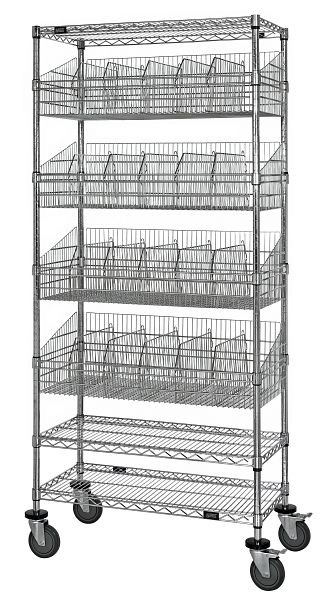 Quantum Storage Systems Post Basket Cart, 24x18x80", 1200Lbs, (3)shelves, (4)baskets, (12)dividers and (6)label holders, Chrome, WRC74-1824-4BSKDLH