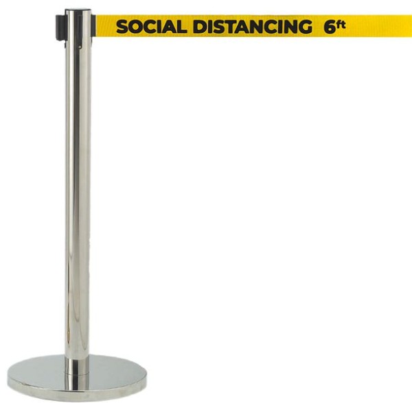 AARCO Form-A-Line™ System with 7' Belt, Chrome Finish with Printed Yellow Belt, "SOCIAL DISTANCING 6FT", HC-7PYE