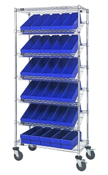 Quantum Storage Systems Bin Systems Unit, mobile, includes (7) wire shelves, (30) blue bins (QED602) & (4) 5" casters, chrome finish, MWRS-7-602BL