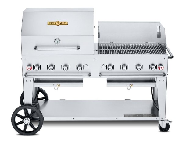 Crown Verity 60" Mobile Grill, Propane, with 30” Roll Dome, Bun Rack and Windguard, CV-MCB-60RWP-LP