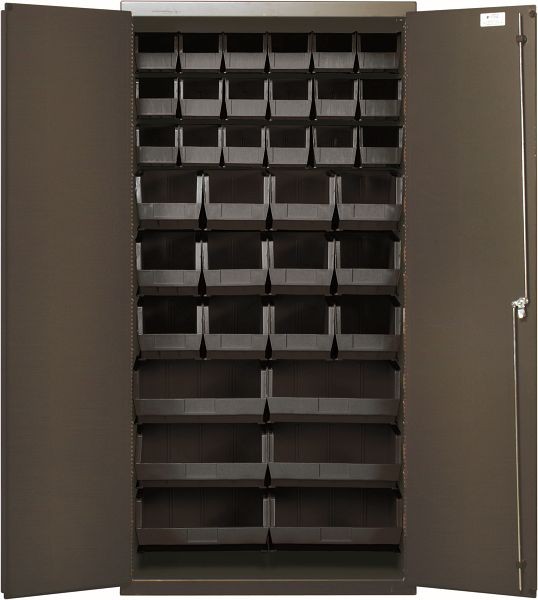 Quantum Storage Systems Heavy-Duty 36" Bin Cabinet, 36"W x 18"D x 72"H, includes (36) black bins, gray powder-coated finish, QSC-36-FDBK