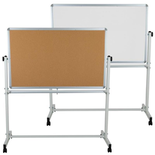 Flash Furniture HERCULES Series 53"W x 59"H Reversible Mobile Cork Bulletin Board and White Board with Pen Tray, YU-YCI-002-CK-GG
