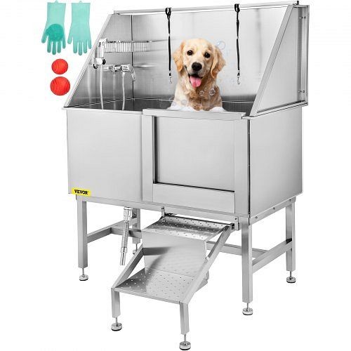 VEVOR 50" Dog Grooming Tub Professional Stainless Steel Pet Dog Bath Tub, Silver, Right, CWYGBXG50YCYMZPS1V0