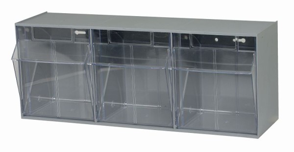 Quantum Storage Systems Tip Out Bin, (3) compartment, opens to a 45° angle, plastic clear container, polystyrene gray cabinet, QTB303GY