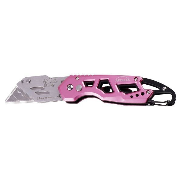 Apollo Tools Ergonomic Stainless Steel, Lightweight, Foldable Pink Utility Knife with Carabiner Clip and Fast-Change Blade, DT5017P