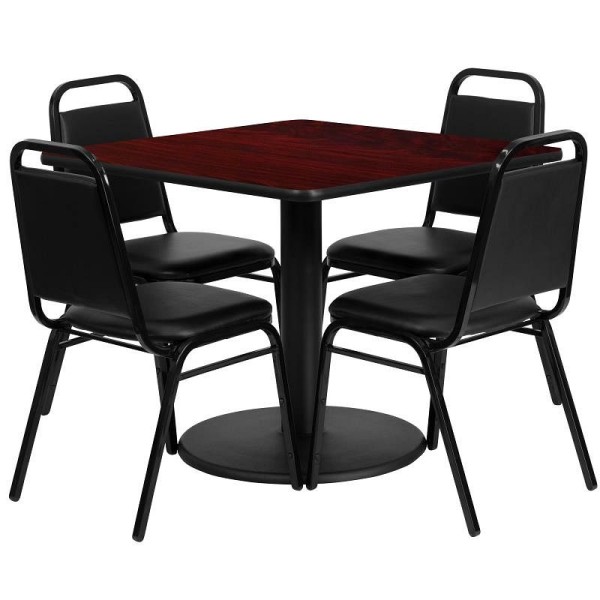 Flash Furniture Jamie 36'' Square Mahogany Laminate Table Set with Round Base and 4 Black Trapezoidal Back Banquet Chairs, RSRB1010-GG