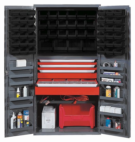 Quantum Storage Systems Heavy-Duty 36" Bin Cabinet, 800 lb. capacity, includes (58) removable black bins, gray finish, QSC-3672-4DBK
