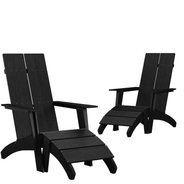 Flash Furniture Set of 2 Sawyer Modern All-Weather Poly Resin Wood Adirondack Chairs with Foot Rests in Black, 2-JJ-C14509-14309-BK-GG