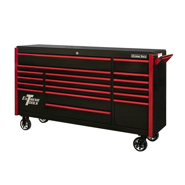 Extreme Tools DX Series 72"W x 21"D 17 Drawer Triple Bank Roller Cabinet 100 lbs Slides Black with Red Drawer Pulls, DX722117RCBKRD