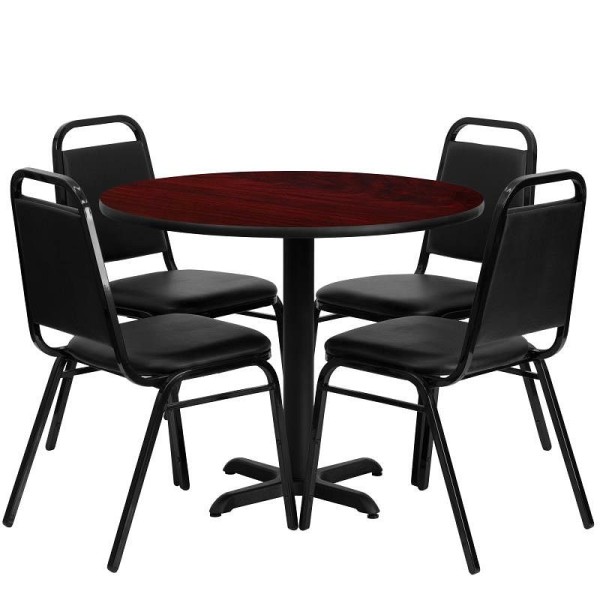 Flash Furniture Carlton 36'' Round Mahogany Laminate Table Set with X-Base and 4 Black Trapezoidal Back Banquet Chairs, HDBF1002-GG
