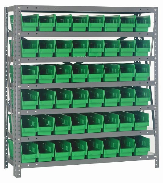 Quantum Storage Systems Shelving Unit, 12x36x39", 400 lb capacity per shelf (7), 48 QSB101 green black bins, cross bars, galvanized steel, 1239-101GN