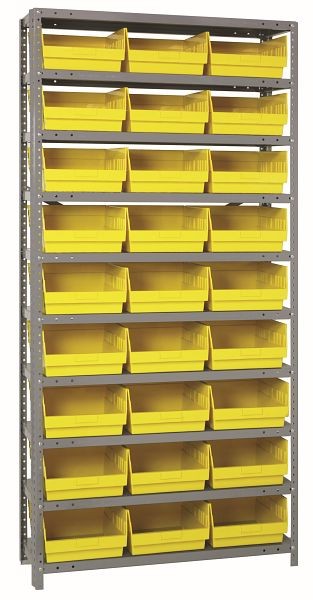 Quantum Storage Systems Shelving Unit, 18x36x75", 400 lb capacity per shelf (13), 27 QSB210 yellow black bins, cross bars, galvanized steel, 1875-210YL