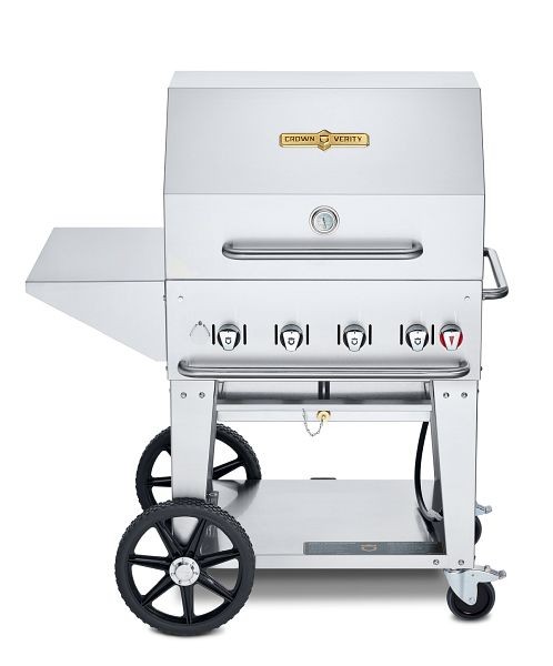 Crown Verity 30" Mobile Grill, Propane with Roll Dome, Removeable End Shelves, Adjustable Bun Rack and 30" BBQ Cover, CV-MCB-30PKG