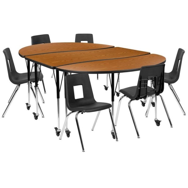 Flash Furniture Emmy Mobile 86" Oval Wave Flexible Laminate Table Set with 18" Student Stack Chairs, Oak/Black, XU-GRP-18CH-A3060CON-60-OAK-T-A-CAS-GG