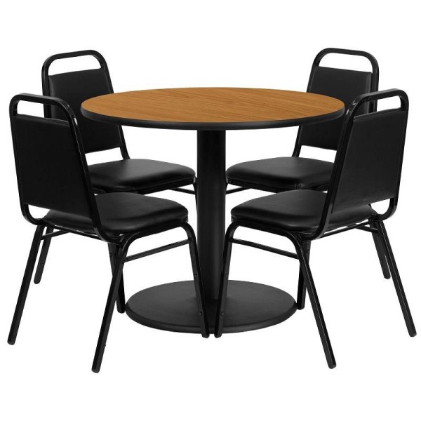 Flash Furniture Jamie 36'' Round Natural Laminate Table Set with Round Base and 4 Black Trapezoidal Back Banquet Chairs, RSRB1003-GG