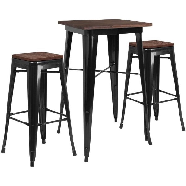 Flash Furniture Bailey 23.5" Square Black Metal Bar Table Set with Wood Top and 2 Backless Stools, CH-WD-TBCH-17-GG