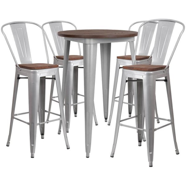 Flash Furniture Bailey 30" Round Silver Metal Bar Table Set with Wood Top and 4 Stools, CH-WD-TBCH-11-GG