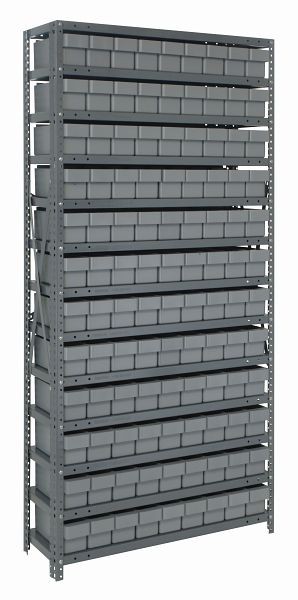 Quantum Storage Systems Shelving Unit, 18x36x75", 400 lb capacity per shelf (13), 108 QED604 gray black bins, cross bars, galvanized steel, 1875-604GY