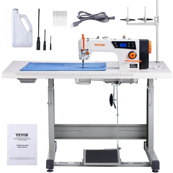 VEVOR Industrial Sewing Machine, 5000s.p.m Heavy-duty Lockstitch Sewing Machine with 550W Servo Motor and Table Stand, GYFRJ550W500TQHJQV1