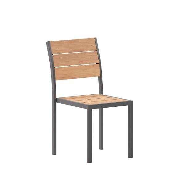 Flash Furniture Finch Commercial Armless Patio Chair, Stackable Side Chair with Faux Teak Poly Slats and Metal Frame, Natural/Gray, SB-CA108-NAT-GG