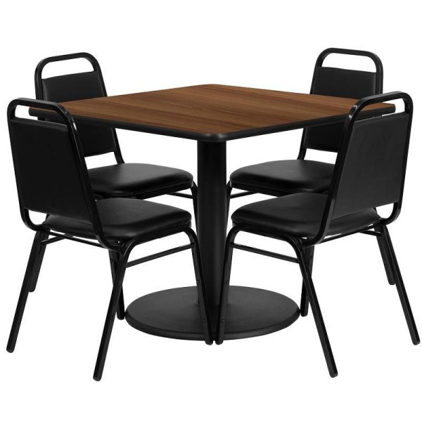 Flash Furniture Jamie 36'' Square Walnut Laminate Table Set with Round Base and 4 Black Trapezoidal Back Banquet Chairs, RSRB1012-GG