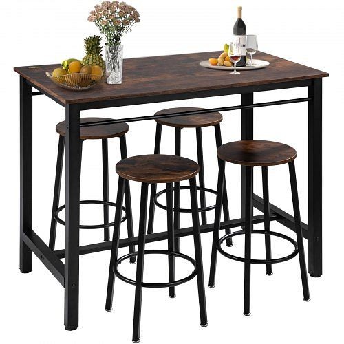 VEVOR Bar Table Set 5-Piece 43" tall table with 4 Square Stools Dining table Brown, FZYDTMBTZYJTZGZM8V0