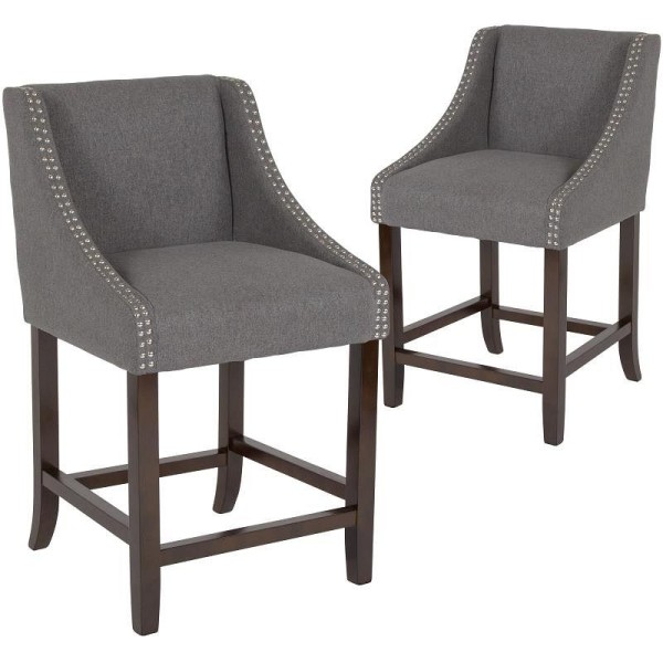 Flash Furniture Carmel Series 24" High Transitional Walnut Counter Height Stool with Nail Trim in Dark Gray Fabric, Set of 2, 2-CH-182020-24-DKGY-F-GG