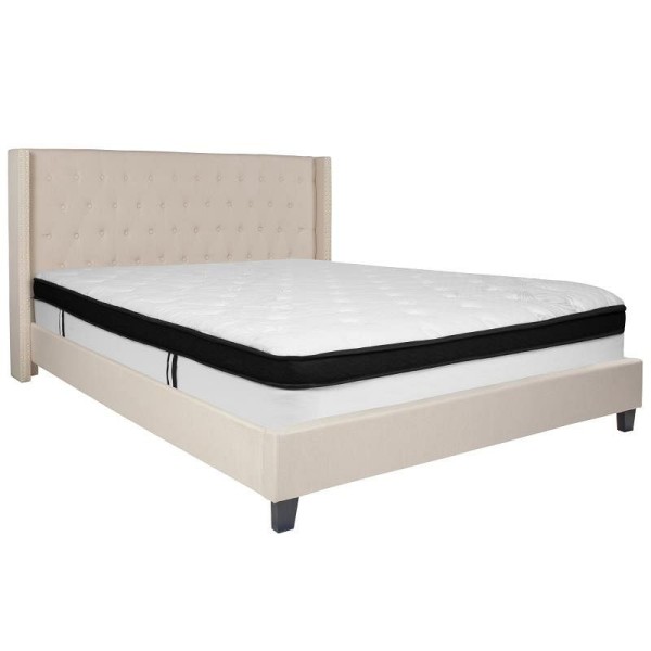 Flash Furniture Riverdale King Size Tufted Upholstered Platform Bed in Beige Fabric with Memory Foam Mattress, HG-BMF-36-GG