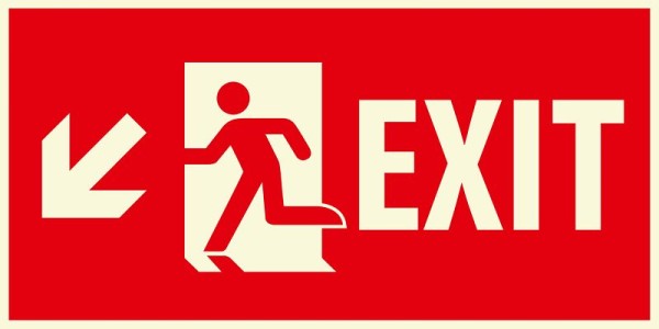 Marahrens Sign EX0054 - Exit, running man symbol and arrow left down, red, photoluminescent rigid plastic, Size: 14 x 7 inch, EX0054.014.22