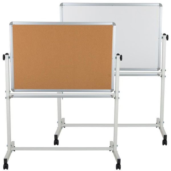 Flash Furniture HERCULES Series 45.25"W x 54.75"H Reversible Mobile Cork Bulletin Board and White Board with Pen Tray, YU-YCI-001-CK-GG