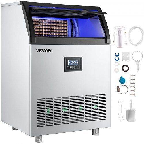 VEVOR 110V Commercial Ice Maker 200LBS/24H, 710W with 55Lbs Storage Capacity, 90 Ice Cubes Ready in 11-15Mins, Stainless Steel, FBZBJSKF-E120F001V1