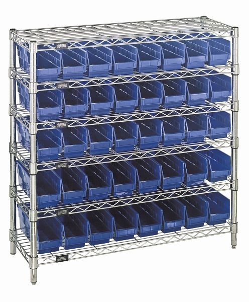 Quantum Storage Systems Bin Wire Shelving System, 36x12x36", 800Lbs per shelf, (6)shelves, (4)posts, (40)QSB101 blue bins, Chrome, WR6-36-1236-101BL