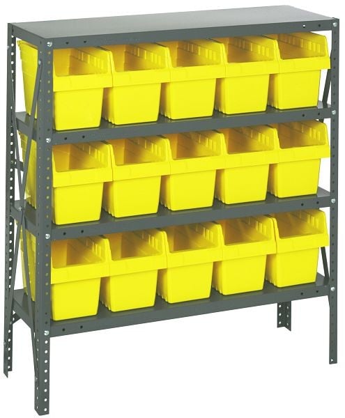 Quantum Storage Systems Shelving Unit, 12x36x39", 400 lb capacity per shelf (4), 15 QSB802 yellow black bins, galvanized steel, 1239-SB802YL