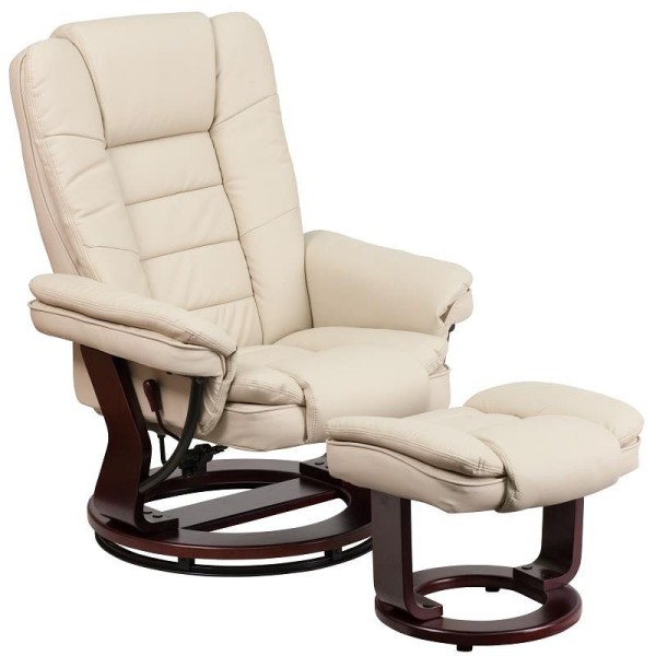 Flash Furniture Bali Contemporary Multi-Position Recliner & Ottoman with Swivel Mahogany Wood Base in Beige LeatherSoft, BT-7818-BGE-GG