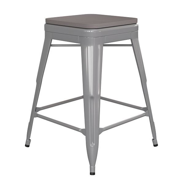 Flash Furniture Kai Commercial 24" High Backless Silver Metal Indoor-Outdoor Counter Height Stool with Gray Poly Resin Wood Seat, CH-31320-24-SIL-PL2G-GG