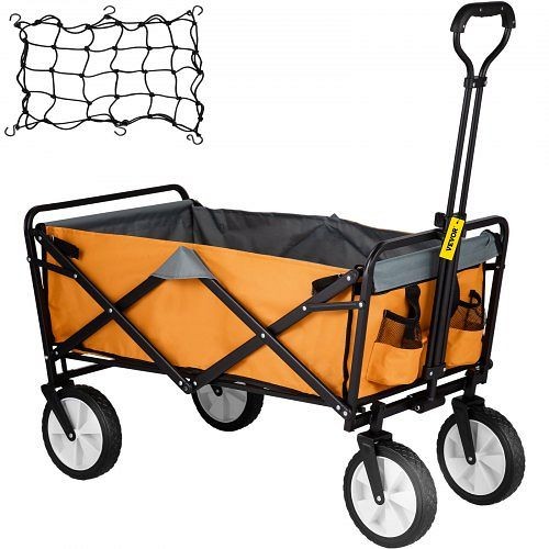 VEVOR Folding Wagon Cart Utility Collapsible Wagon 176 lbs with Adjustable Handle, Orange & Gray, ZDHYBXSSTCJHSUMFLV0