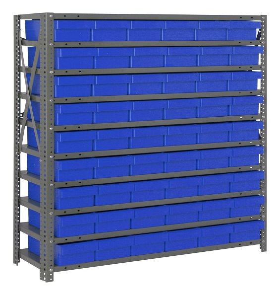 Quantum Storage Systems Shelving Unit, 12x36x39", 400 lb capacity per shelf (10), 54 QED401 blue black bins, cross bars, galvanized steel, 1239-401BL