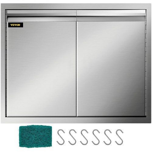 VEVOR Double BBQ Access Door, 30"Wx21"H Outdoor Kitchen Doors, Double Wall Construction Cabinets with Hooks, Brushed Stainless Steel, BXGCGMSC30W21HIN1V0