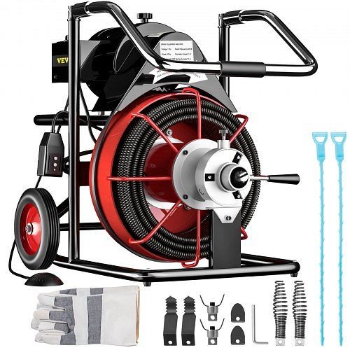 VEVOR 100' x 3/8" Drain Cleaner 370W Drain Cleaning Machine Sewer Clog with Cutters 1700R/min, GDSTJ100FTX3-8001V1