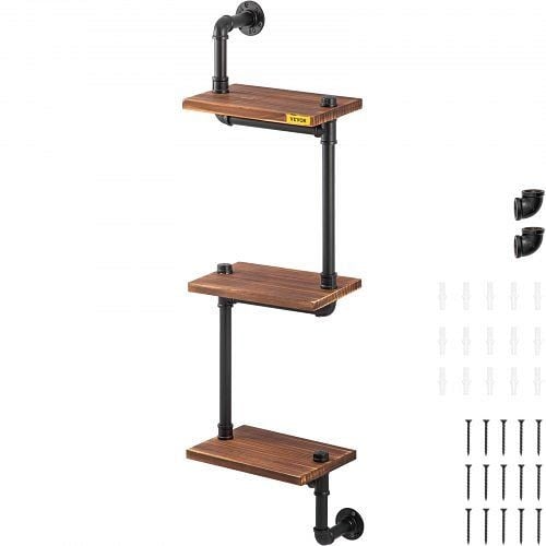 VEVOR Pipe Shelves Industrial Iron Pipe Wall Mounted with 3-Tier Wood Planks Black, GSCWJ12408IN3W8AOV0