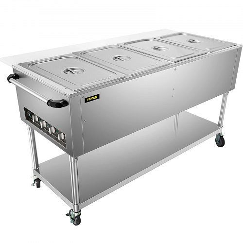 VEVOR Commercial Steam Table Electric Food Warmer 4 Pans with Wheels 0-100°C 2000W, WZB2000W4110V6HU4V1