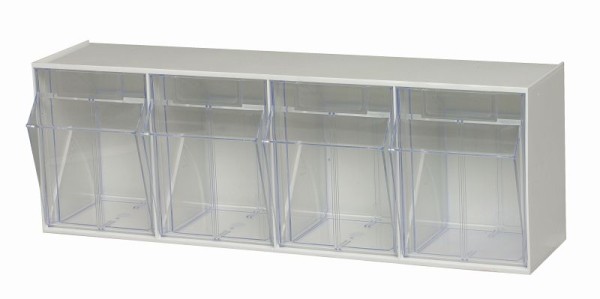 Quantum Storage Systems Tip Out Bin, (4) compartment, opens to a 45° angle, plastic clear container, polystyrene white cabinet, QTB304WT