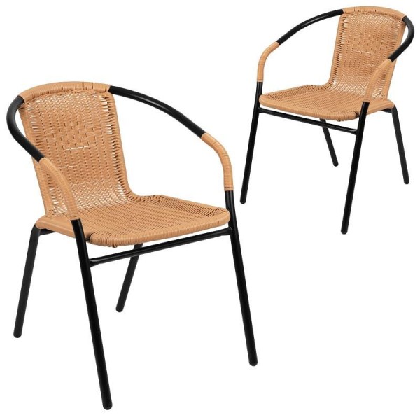 Flash Furniture Lila 2 Pack Beige Rattan Indoor-Outdoor Restaurant Stack Chair, 2-TLH-037-BGE-GG