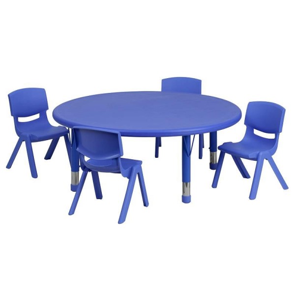 Flash Furniture Emmy 45'' Round Blue Plastic Height Adjustable Activity Table Set with 4 Chairs, YU-YCX-0053-2-ROUND-TBL-BLUE-E-GG