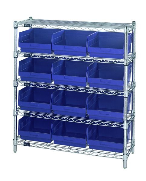 Quantum Storage Systems Bin Wire Shelving Center, 12x36x39", 800 Lbs per shelf, (5)shelves and (12)QSB209 blue bins, Chrome, WR5-39-1236-209BL