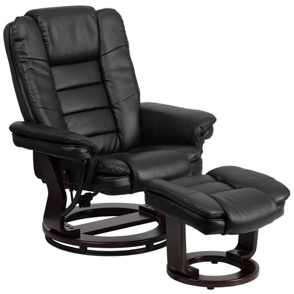 Flash Furniture Bali Contemporary Multi-Position Recliner & Ottoman with Swivel Mahogany Wood Base in Black LeatherSoft, BT-7818-BK-GG