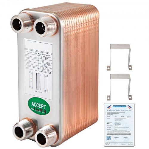 VEVOR Heat Exchanger Brazed Plate Heat Exchanger 40 Plate Heat Exchanger for Heating, BSHRQ1240MN34G601V0