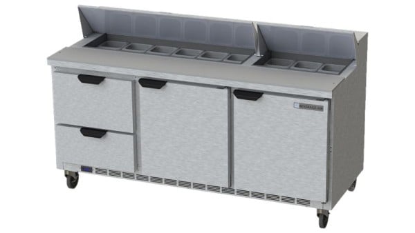 Beverage-Air Food Prep Table with Drawers, Exterior Dimensions: WxDxH: 72"W x 32"D x 45 1/8"H with Casters, 2 Doors, SPED72HC-18-2